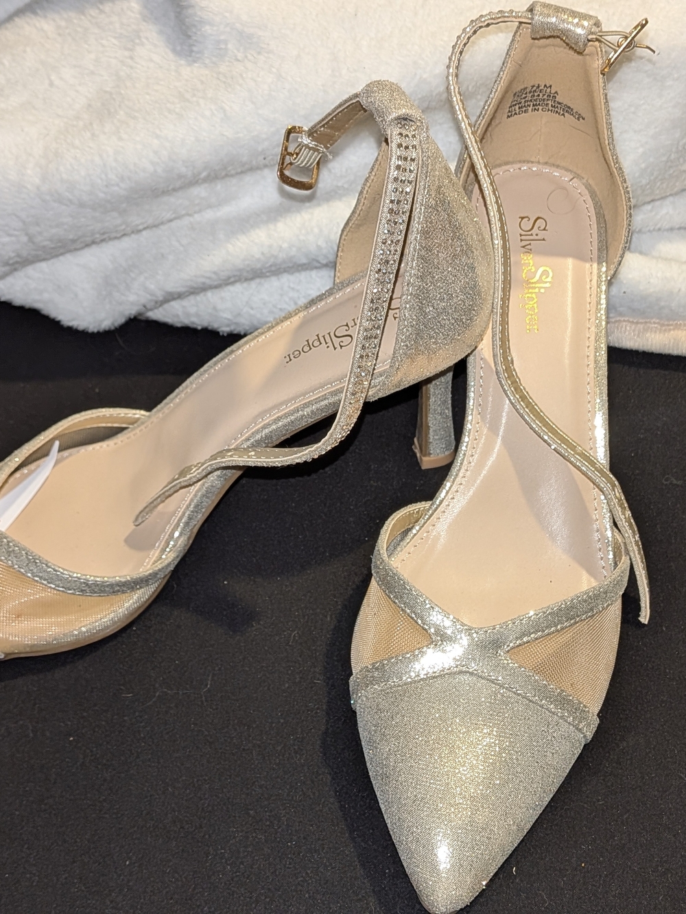 SilverHearts Pointed Ankle-Strap Heels in Gold Glitter